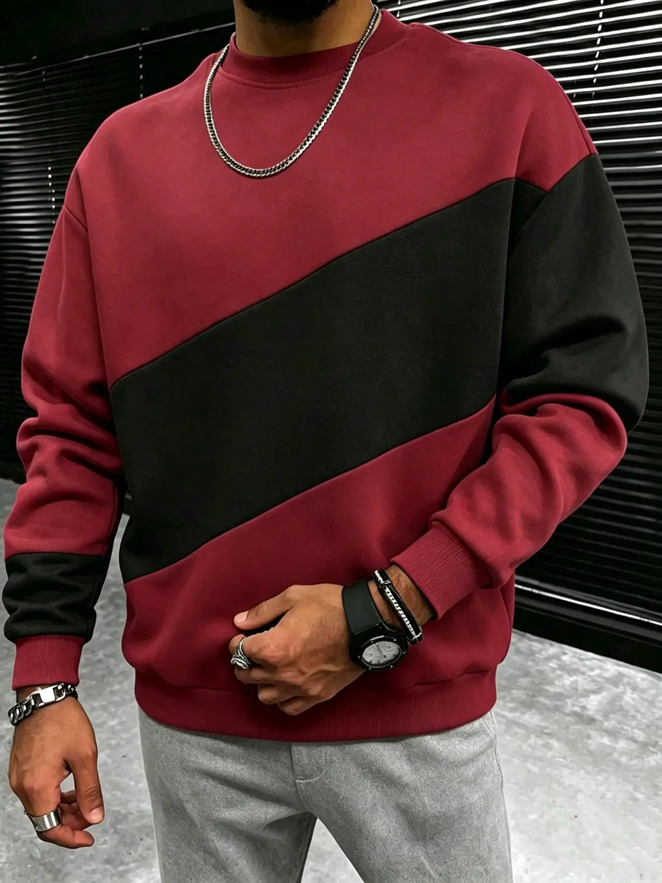 Men's Burgundy Black Color Block Crew Neck Sweatshirt | Diagonal Contrast Patchwork Long Sleeve Pullover | Casual Streetwear Vintage Graphic Top for Men