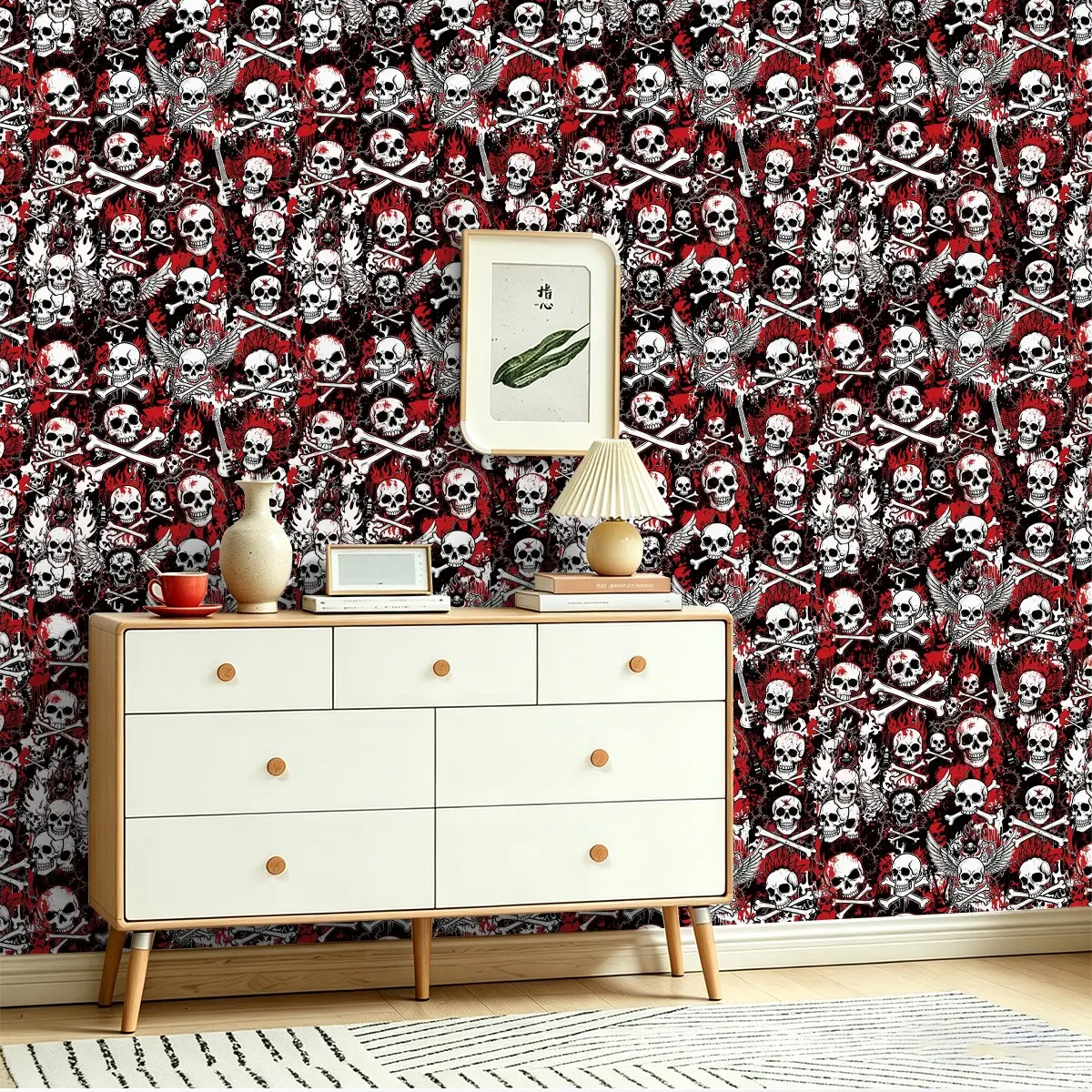 Seamless PVC Wall Sticker, Dark Style Skull Pattern, DIY Decorative Wallpaper for Interior Wall Kitchen Bedroom Shop Classroom Walls