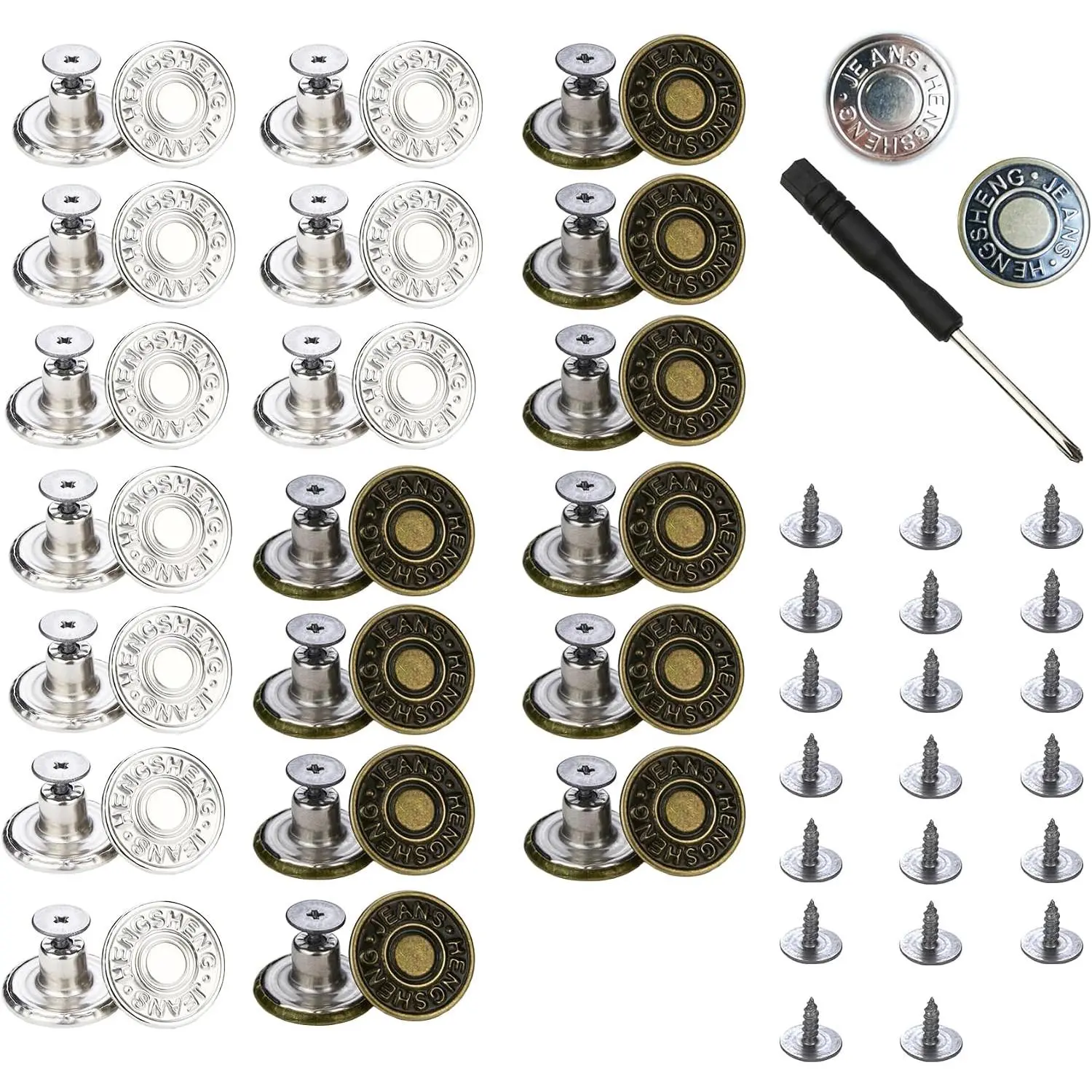 17mm Classical Look Letter Garment Fasten Jeans Repair Kit - 20 Pcs Silver, Brass Copper No-Sew Nailess Removable Buttons with Rivets, Screwdrivers