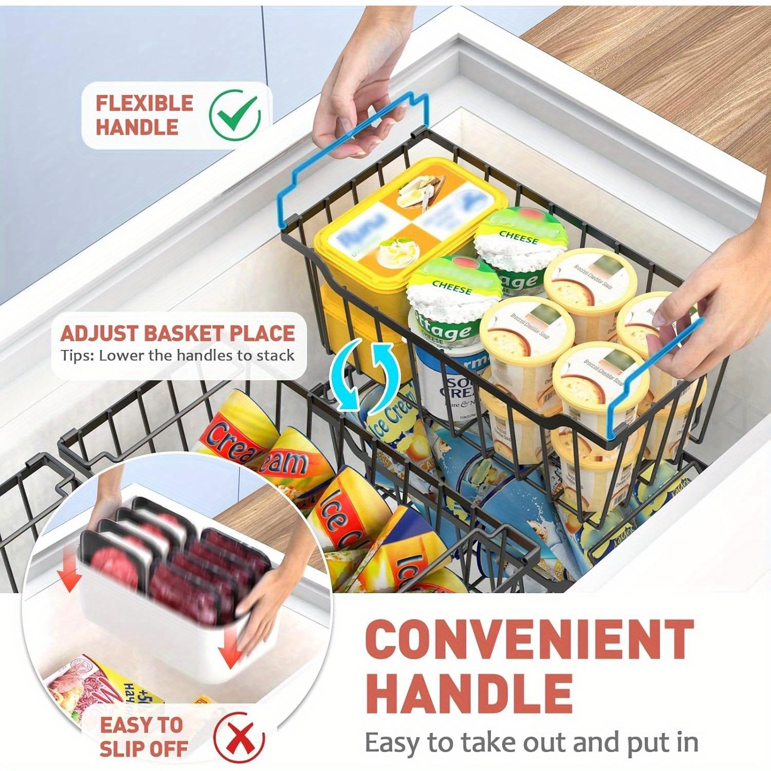 8-Pack & 4-Pack Freezer Organizer Bins - Stackable and Foldable Handle Metal Storage Baskets for Deep Chest Freezer Organization (3.5-7 Cu.FT) - Enhanced Space Utilization