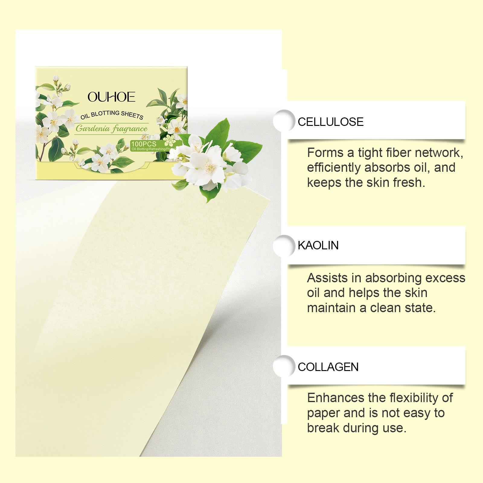 OUHOE Oil Blotting Sheets (Gardenia), Cellulose & Kaolin Dual Oil Control, Gardenia Extract Brightening + Vitamin E Antioxidant, Makeup-Friendly No Powder Removal, Soft for Oily Skin