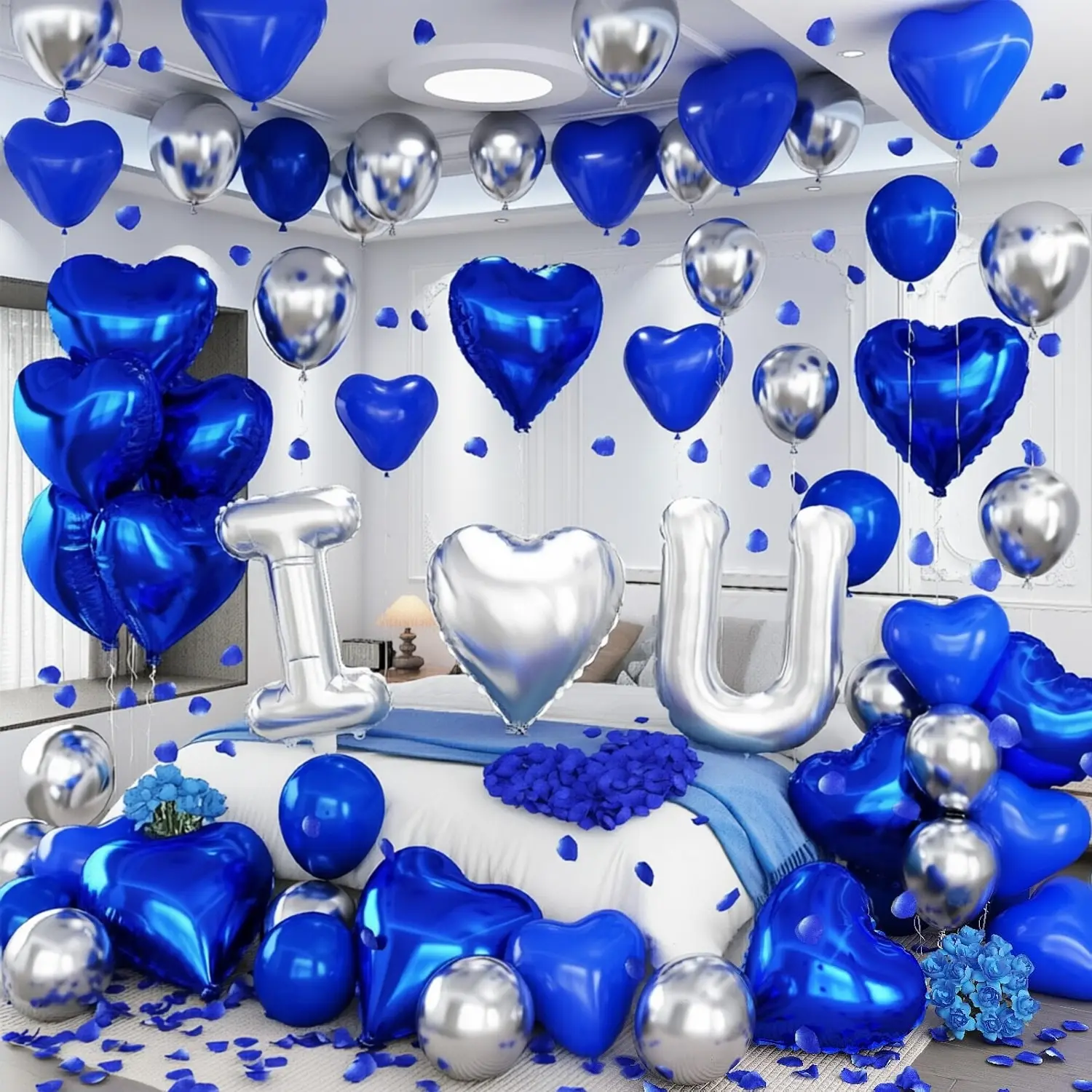 I Love You for Him/Her Balloons Party Balloons Decorations Royal Navy Blue Sliver Balloons 32/18 In Heart Shaped Foil Balloon Love Latex Balloon 1000 Pcs Blue Rose Petals for Anniversary Romantic Valentine Day Decor