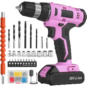 Cordless Drill Set, 20V Electric Drill, with Battery and Charger, 30 Nm Torque, 21+1 Speed Settings, 3/1 Keyless Chuck, Drill Bit Kit, LED Light (Pink)