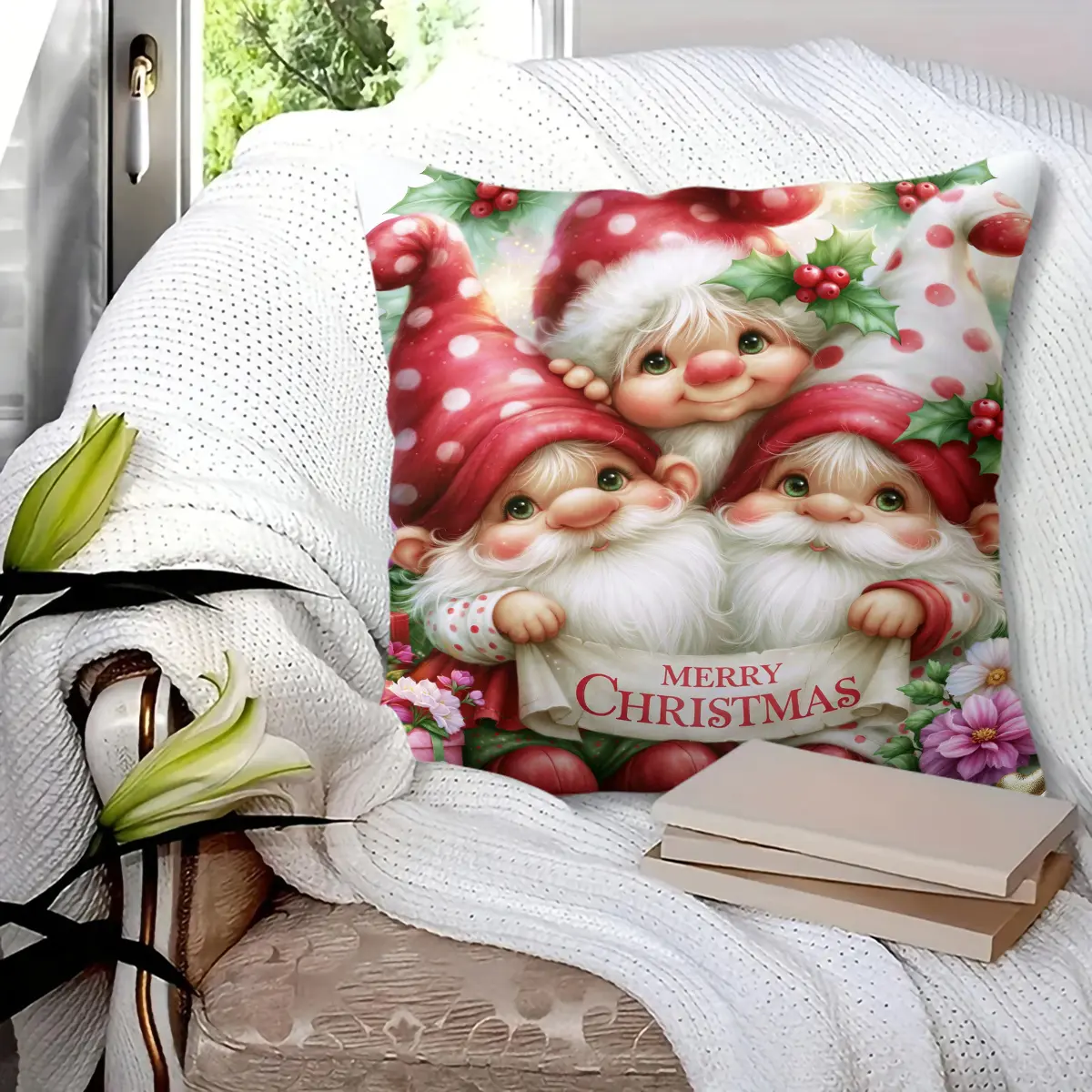 45x45cm 1Pc Christmas Gnome Decorative Throw Pillow, soft fluffy cozy durable cushion with merry christmas banner print, perfect for sofa, couch, bed, living room, bedroom decor, ideal christmas holiday gift