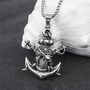 Double Swords Skull Pendant Necklace For Men Hip Hop Cool Style Retro Silver Color Stainless Steel Skeleton Neck Jewelry Gifts