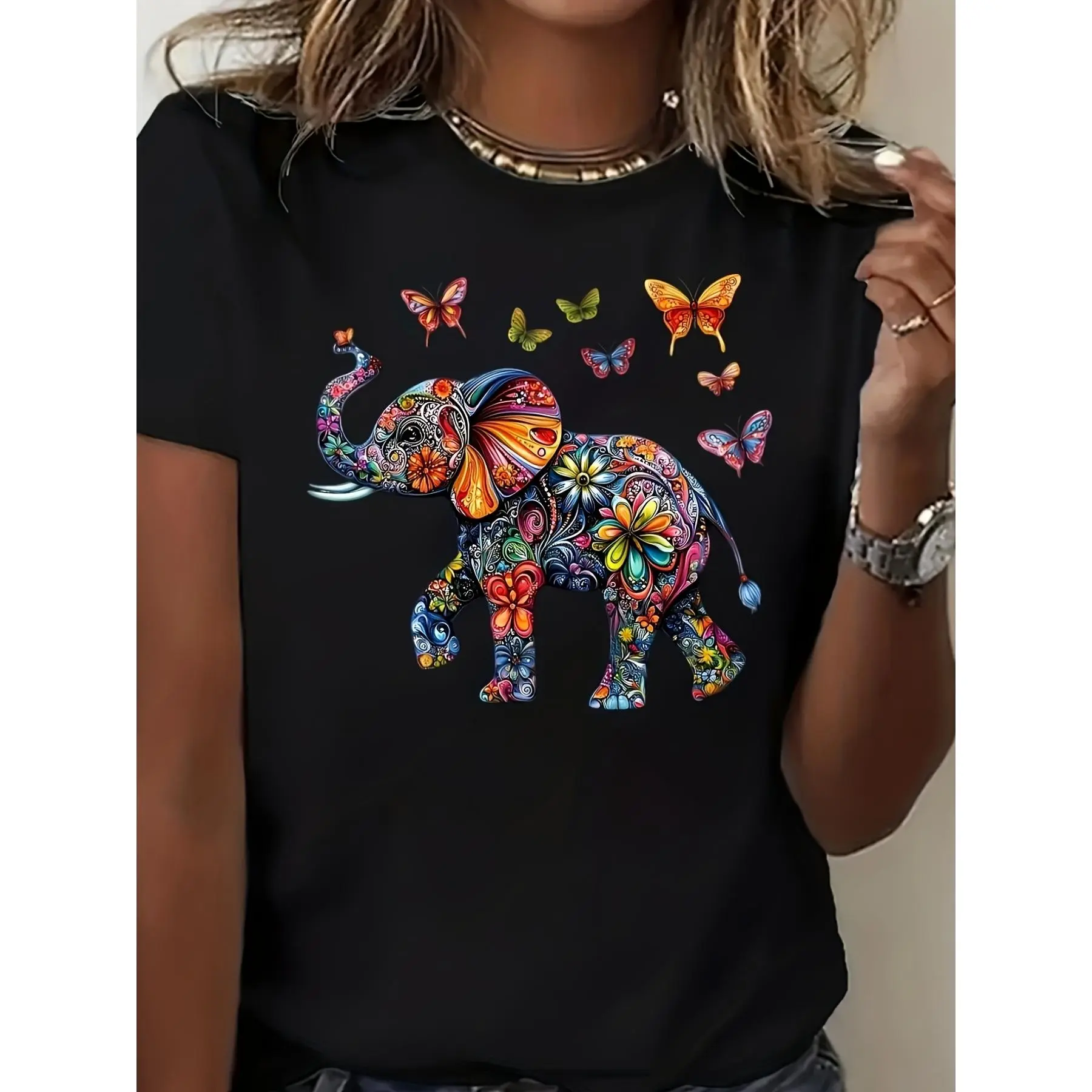 Unisex Plus Size Vintage Style 220GSM Pure Cotton Shortsleeve Round Neck Boho Elephant Print Sports Top - Soft, High-Quality, Multicolor Boho-Chic Animal Graphic Blouse for Festival, Beach Attire, Casual, Tshirt, Boho Print