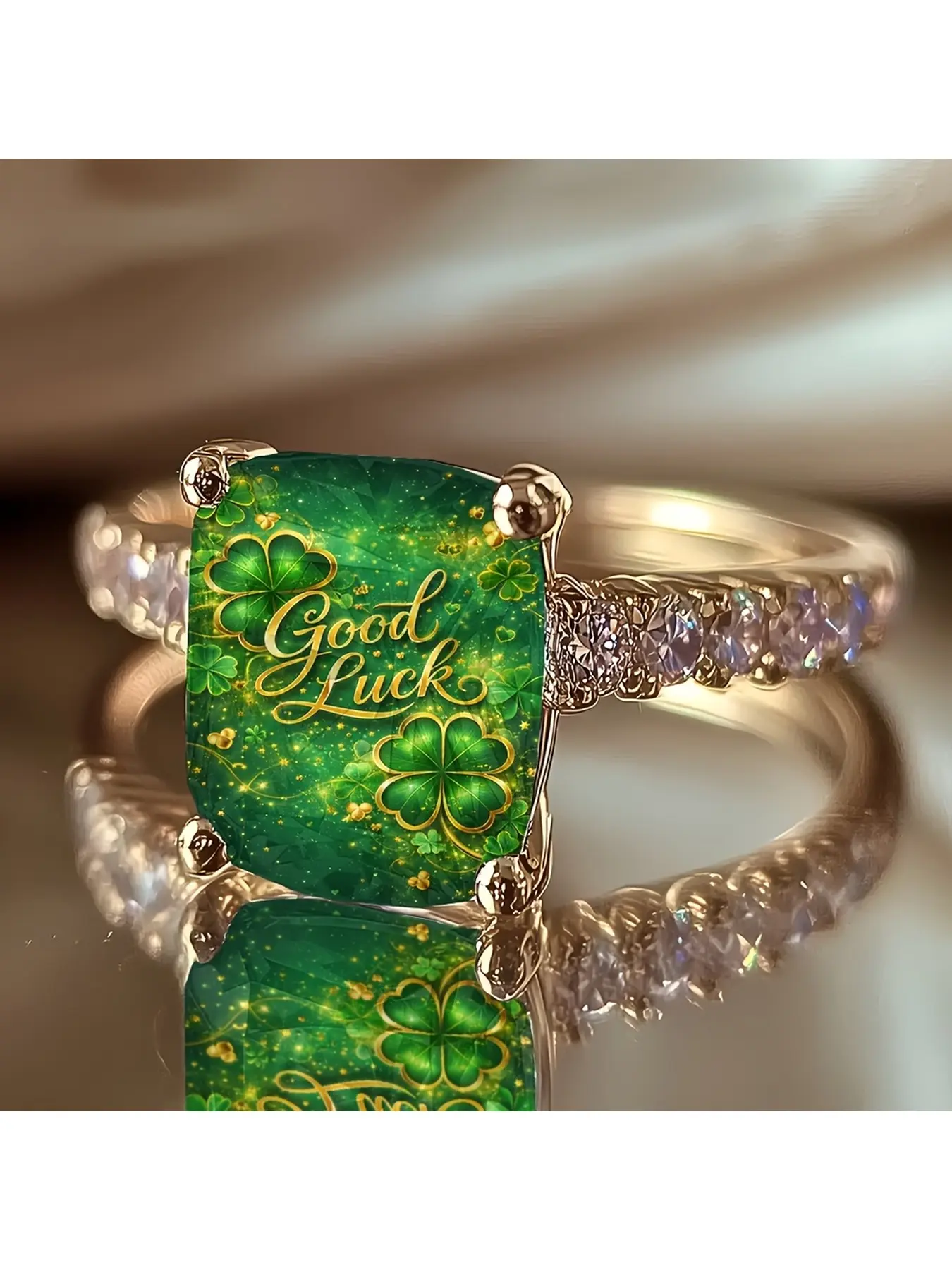 Good Luck Four-Leaf Clover Embroidered Ring, Green Glittering Bottom Lucky Blessing Saint Patrick Theme Jewelry