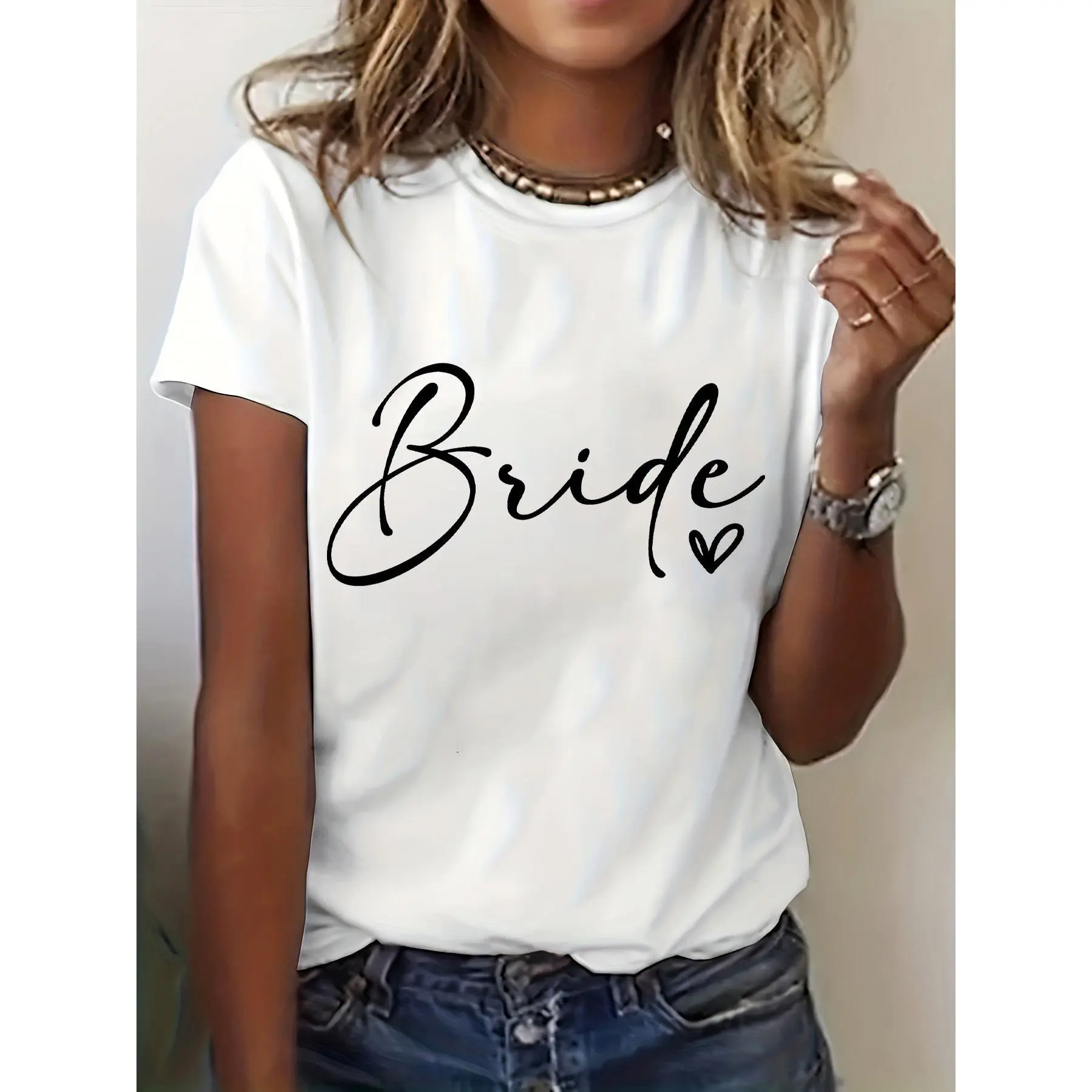 Women's Chic Elegant Short-Sleeve Bride Script Graphic T-Shirt, Cute Heart Bridal Matching Top, Wedding Party Outfit, Engagement Gift, Shortsleeve, Tops