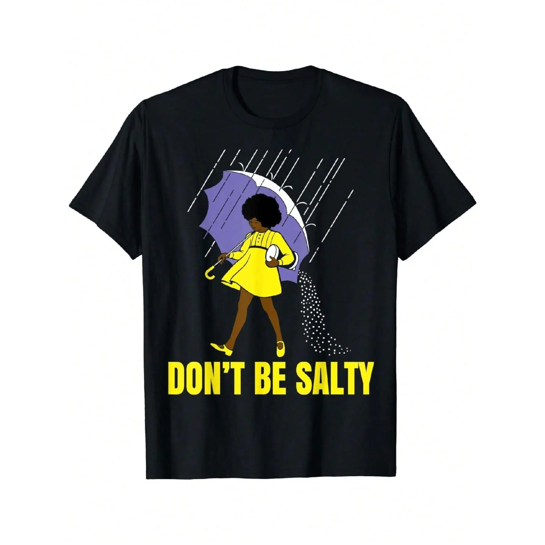 100% Cotton Unisex Oversized Round Neck Short Sleeve Sports Top - Smooth Non-Washed Fabric, Cute Black Girl With Purple Umbrella Rain Salt Cartoon Graphic, Casual Summer Daily Wear Gift (Denim Flannel Joggers Compatible), Colorful, Shortsleeve, Plain, Str