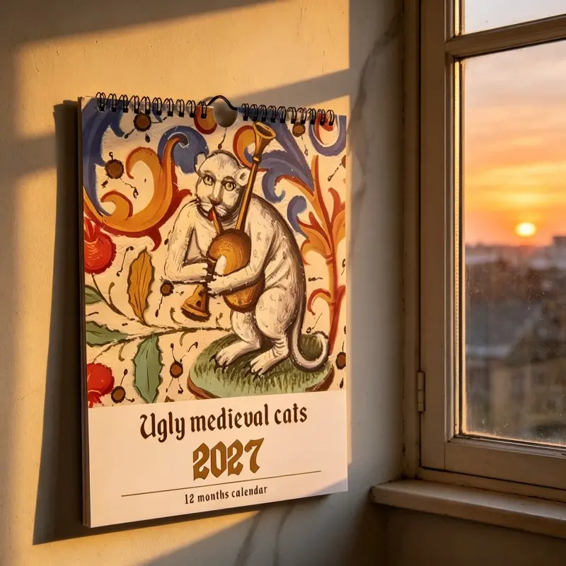 2027 Quirky Medieval Cat Hanging Calendar with Vintage Hand-Drawn Illustrations, Artistic Wall Calendar for Home and Office Decor, Creative Gift Idea
