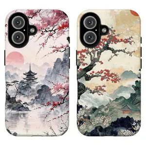 FL-Japanese Cherry Blossom Pagoda Phone Case,Pink Sakura Mountain Ukiyo-e Art Aesthetic Cover For iPhone 11 12 13 14 15 16 17 Air Pro Max for Samsung S26 S25 S24 S23 S22 S21 Case,Gift for her/him