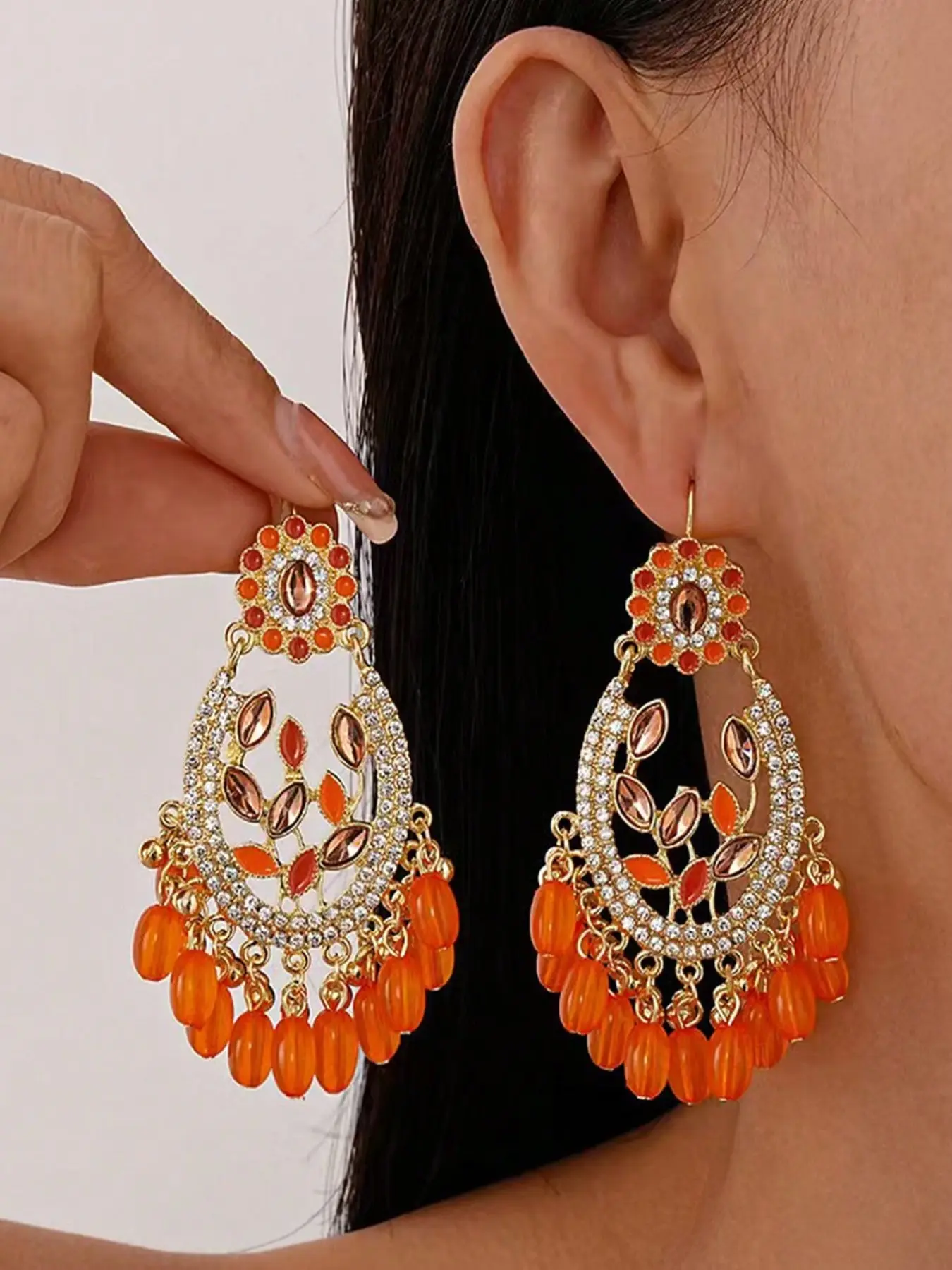 Women's Fashion Earrings, VBoho Indian Vacation Aesthetic Gold Hollow Floral Frame Orange Crystal Multi Bead Long Tassel Earrings Vibrant Warm Tone Tropical Beach Daily Travel Festival Stackable Ear Accessory