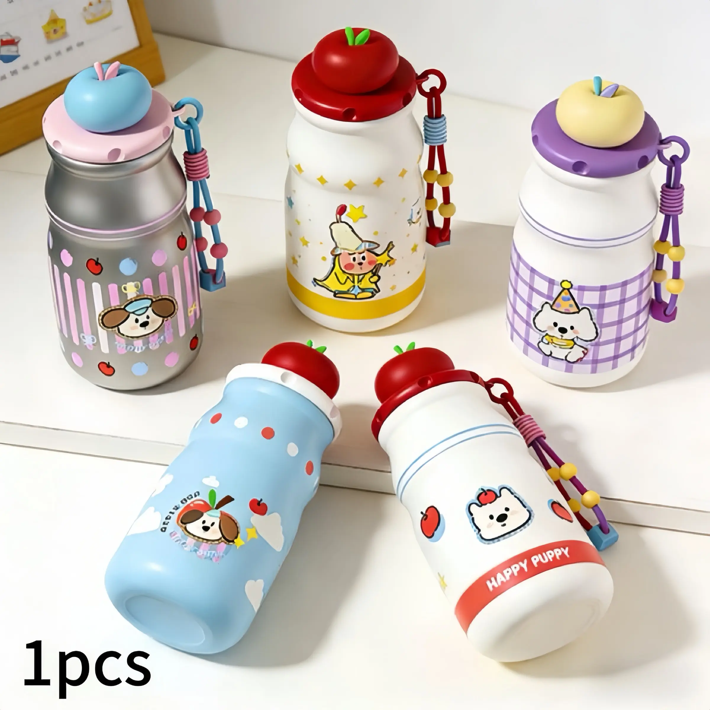 480ML High-Quality Apple Insulated Cup, Stainless Steel Water Bottle with Straw, Large Capacity Leak-Proof Outdoor Travel Mug for Women