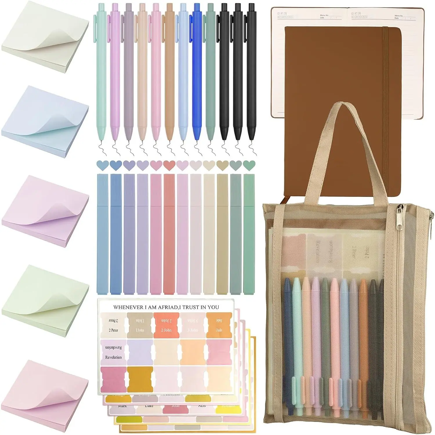 Christian Office Stationery Study & Journaling Kit with Journal, 12 No-Bleed Highlighters, 12 Gel Pens, 75 Index Labels, 400 Sticky Notes (Brown) – Ideal Gift for Adults