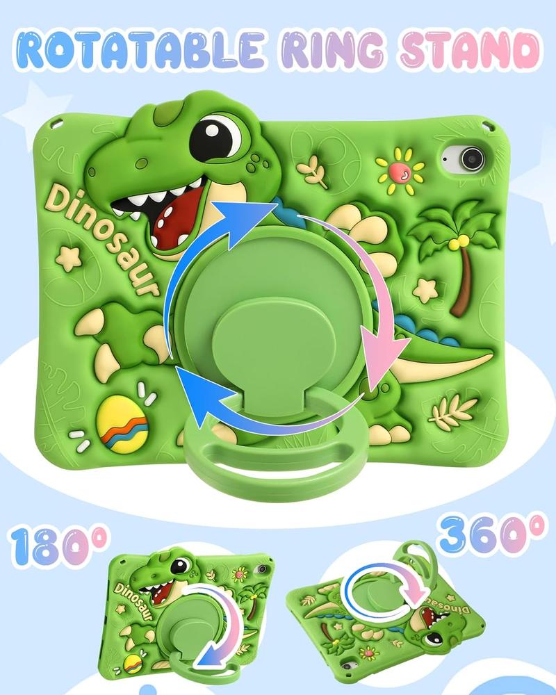 3C9-PHP016  for iPad A16 Case/10th Generation Case - Green Dinosaur Cool for Boys Girls Teens Soft Silicone Cute with Shoulder Strap & Rotating Stand Case for iPad A16 11th Generation 11 Inch 2025