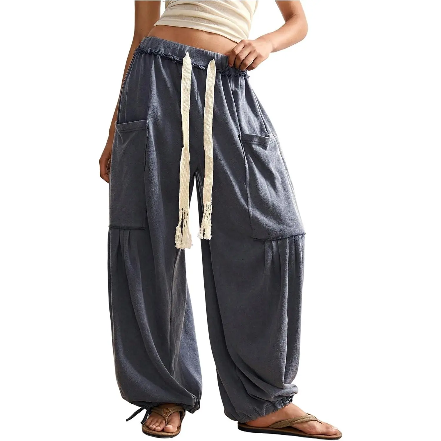 Women's Baggy Boho Harem Pants Drawstring Waist Wide Leg Sweatpants Casual Trousers Joggers with Pockets