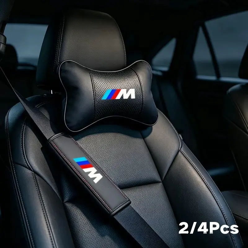 2/4pcs PU Leather Car Headrest Cushion, Neck Pillow Seat Cover, Seat Belt Shoulder Pads, Bmw M Compatible, Car Interior Accessories, Headrest Set