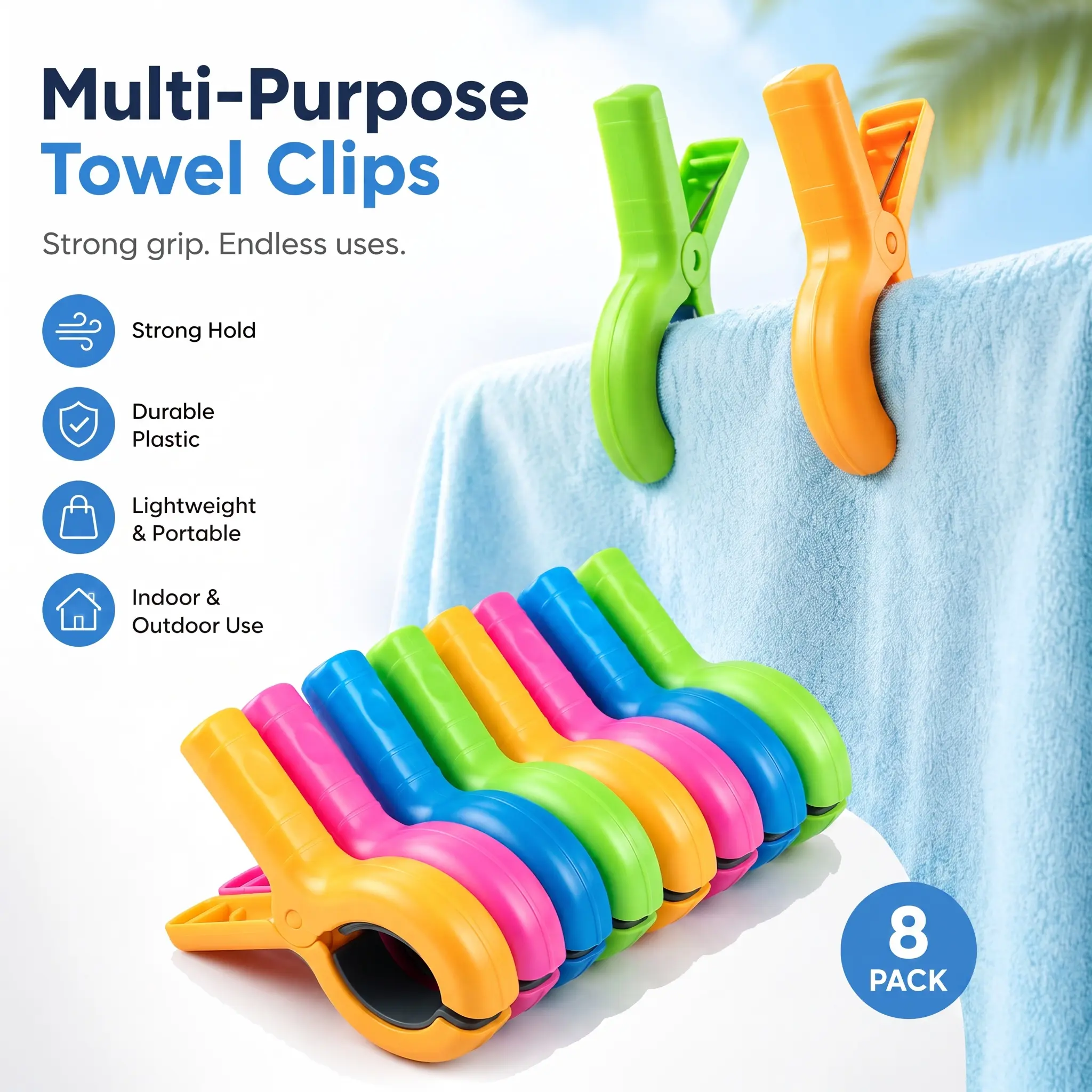 8 Pieces Large Beach Towel Clips Set, Durable Clothes Pins for Cruise Chair Pool Chairs, Essential Beach Accessories,Color Random, Hanger Clips, Hanging Accessory-YY1