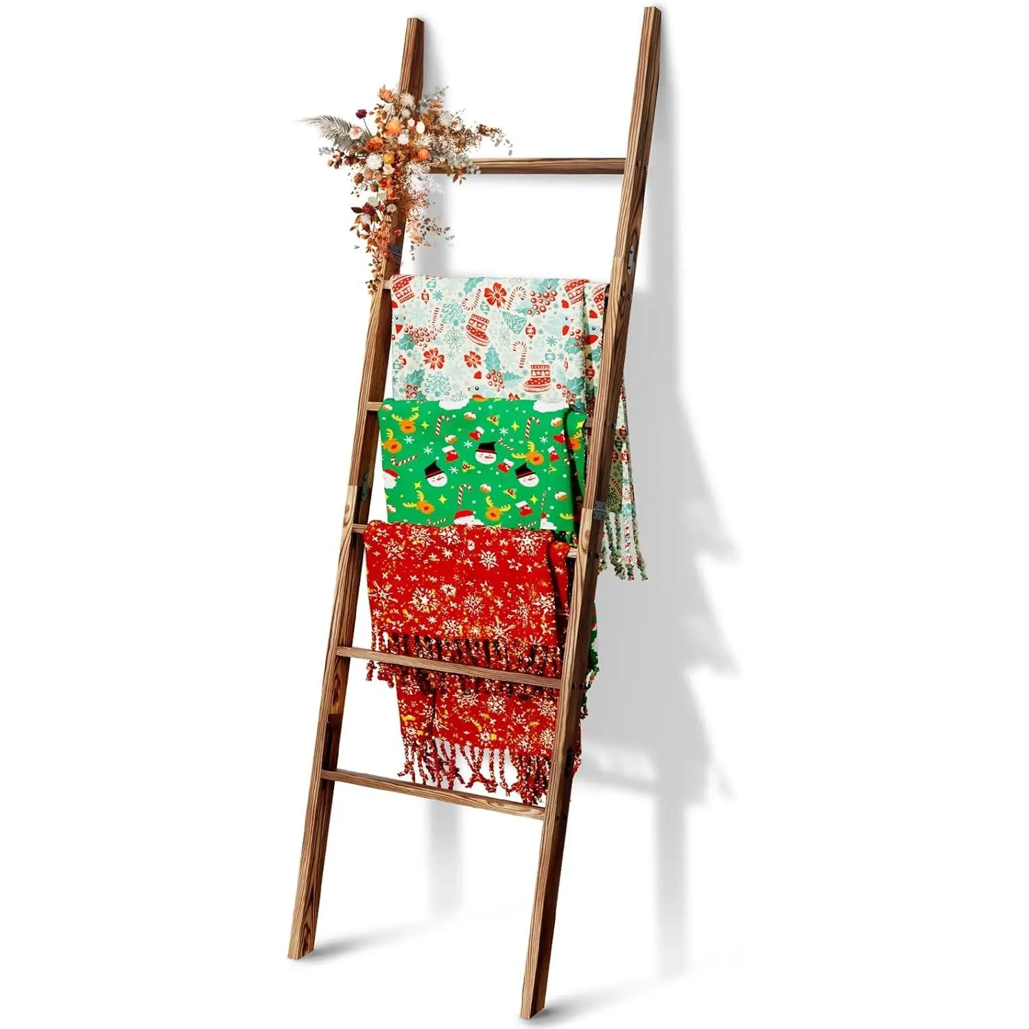 6-Tier Blanket Ladder Wooden, 5.7FT(66.5'') Blanket Quilt Towel Holder Rack Decorative Ladder, Easy Assembly, Rustic Farmhouse Ladder Shelf for The Living Room Bedroom Bathroom Home Decor, Brown
