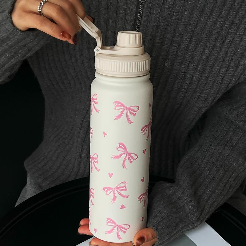 Bow Pattern Stainless Steel Vacuum Flask, 1 Count Portable Large Capacity Water Bottle, Summer Cool Bottle Drinking Cup for Home Office Outdoor Sports, Drinkware, Vacuum Insulated Flask, Stainless Steel Tumbler