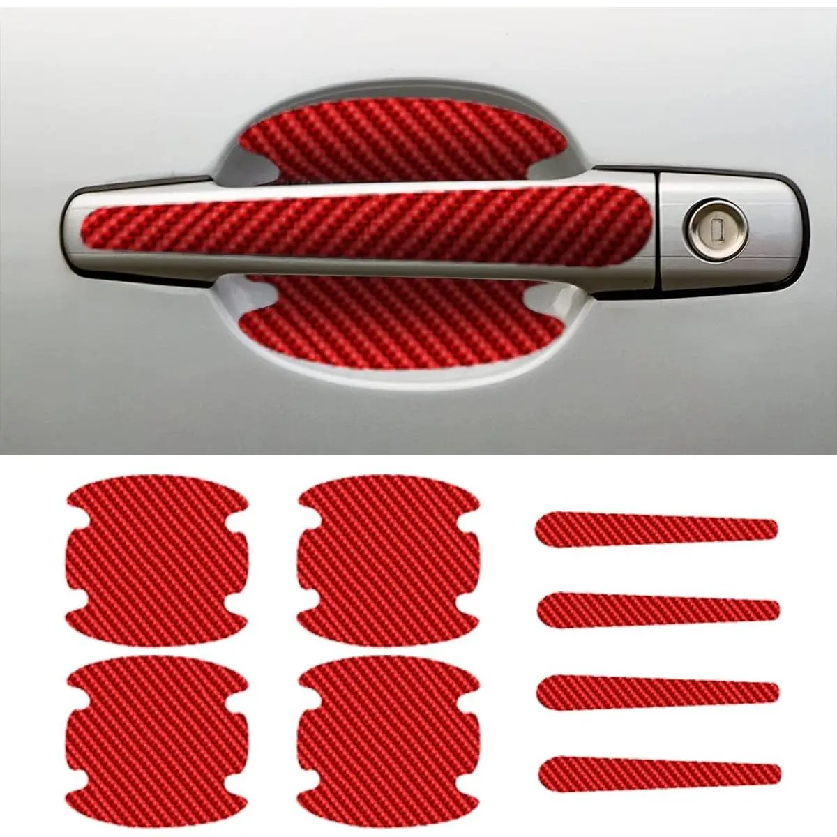 8PCS Car Door Handle Scratch Protectors, Carbon Fiber Door Handle Bowl Sticker, Universal Auto Door Handle Paint Guard Cover, Door Handle Cup Protective Film for Cars (Red)