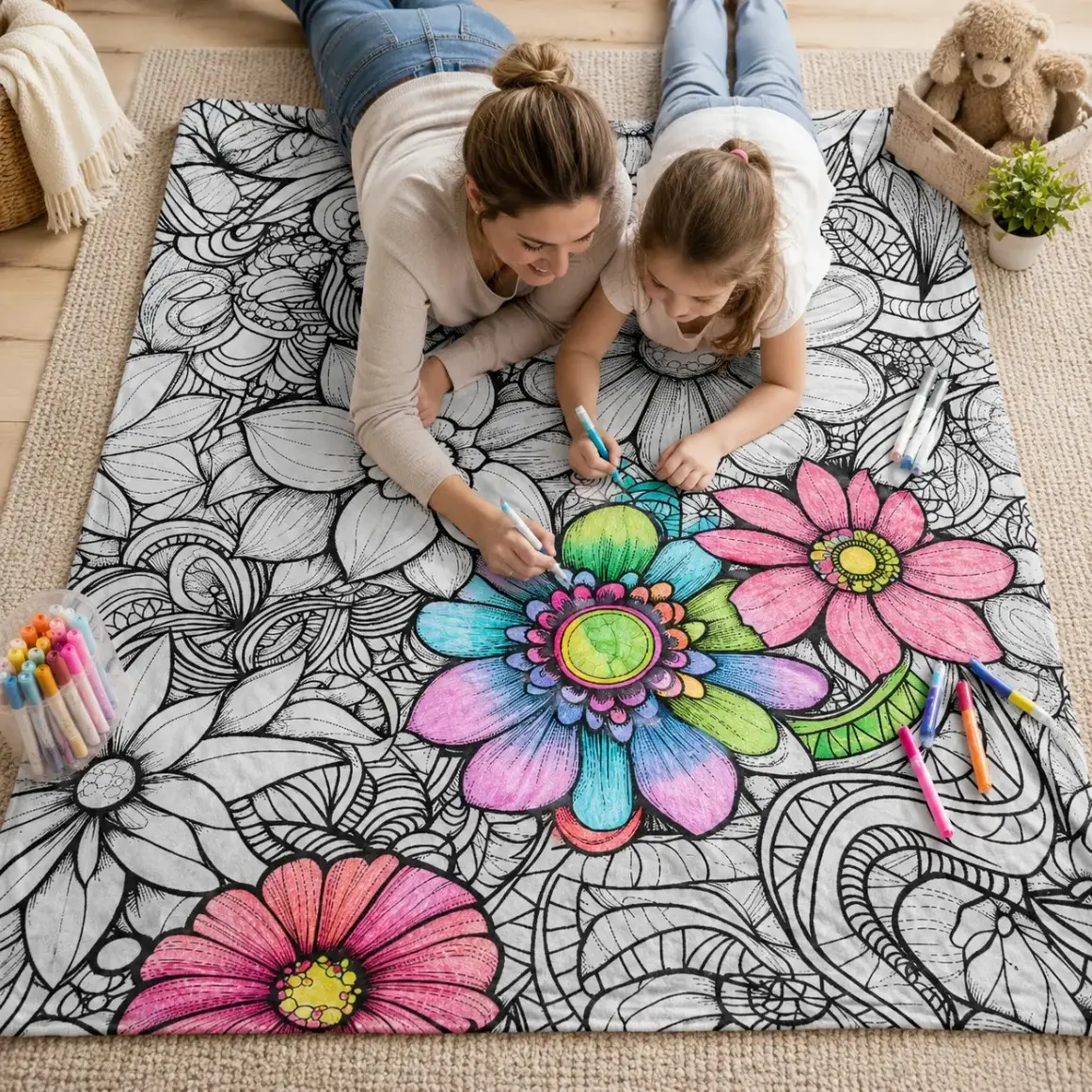 2D Flat Black White Daisy Line Art Flannel Throw Blanket - Fluffy Cute Wrinkle-Resistant Ultra Soft Lightweight All-Season Option for Sofa, Camping, Digital Print Decor Bedding Gift for Floral Art Lovers, DIY Coloring Blanket Creative Craft Gift For Adult