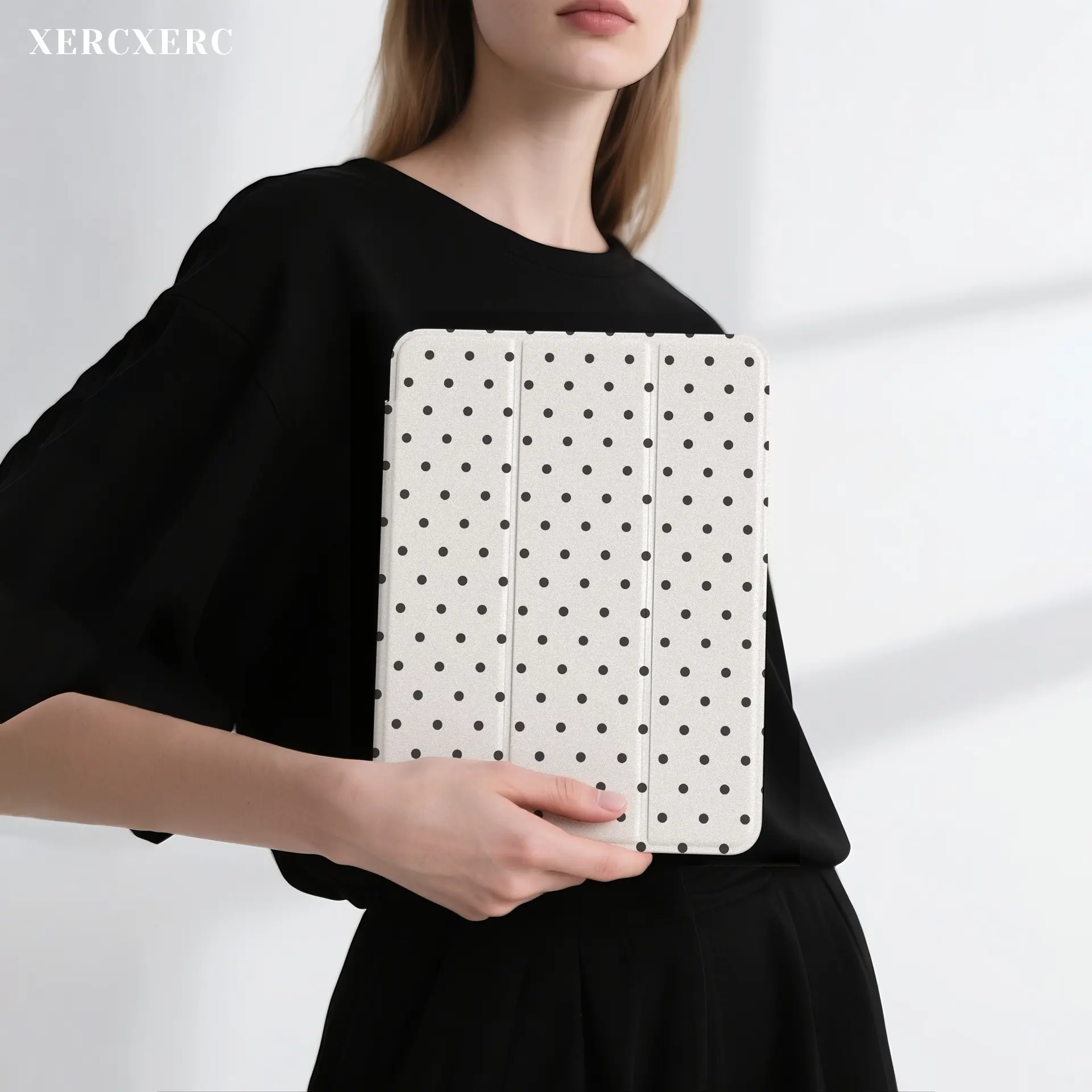 White with Black Polka Dots iPad Case PU Flip TPU Soft Shell 3 Fold Stand Pen Slot Shockproof Auto Wake Sleep for Air 11 A16 9th 10th Gen Fall Back to School Gift Compatible Pro 12.9 11 10.9 Mini 8.3