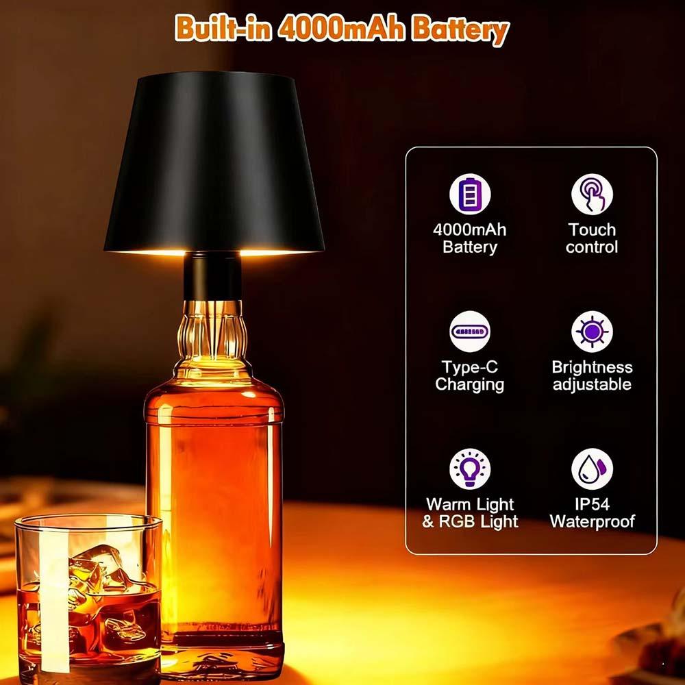 Wireless Bottle Lamp RGB 4000mAh Portable Rechargeable Multicolor LED Wine Bottle Lampshade Lights for Liquor with Touch Dimming Stopper Whiskey Bottle Lamp for Bars Restaurants Parties Home Decor Low Voltage