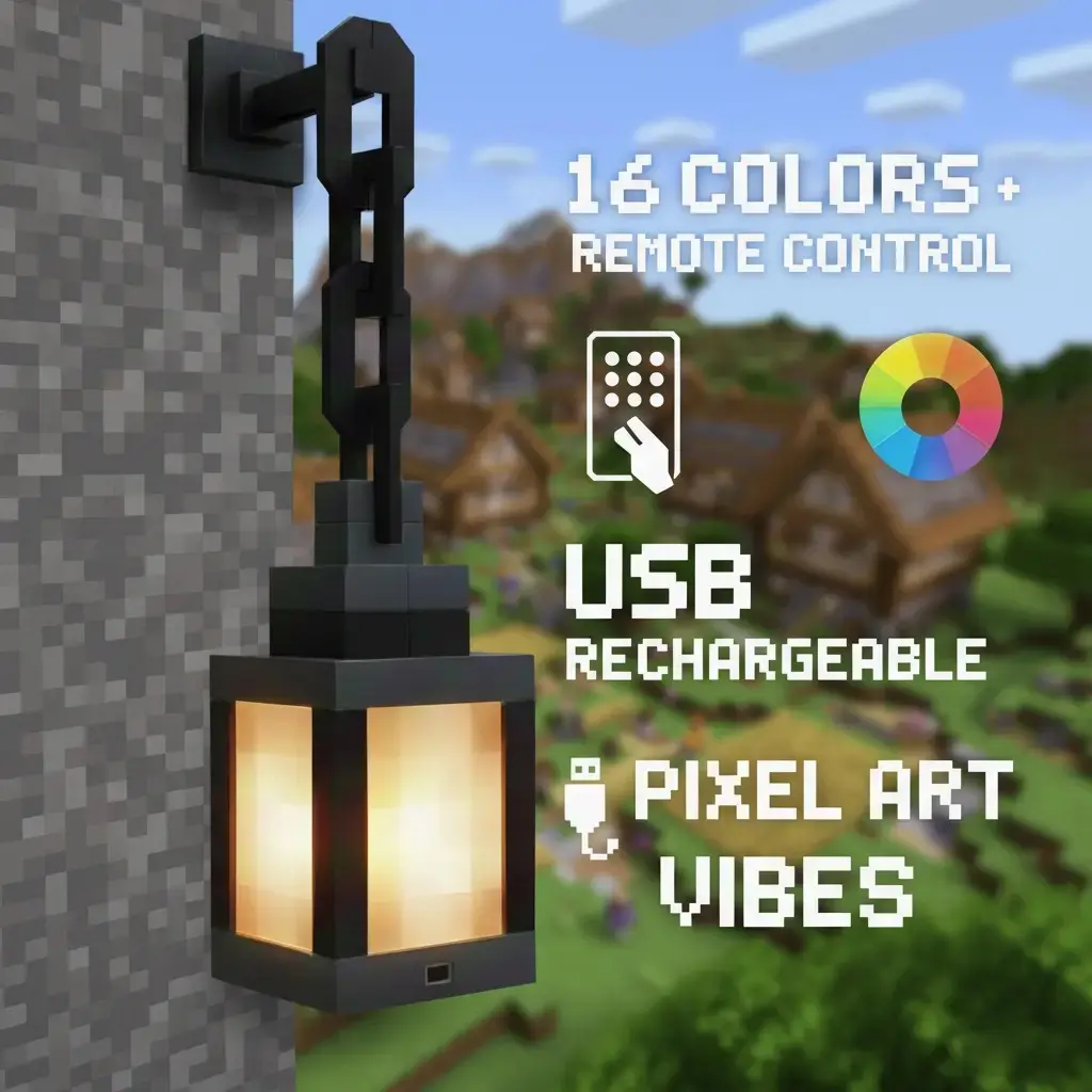 Pixel Minecraft Soul Lamp Night Light, 16 Color RGB Rechargeable Lamp, Remote Control, Handmade Design, 3D Printed Wall Lamp, Four Lighting Modes
