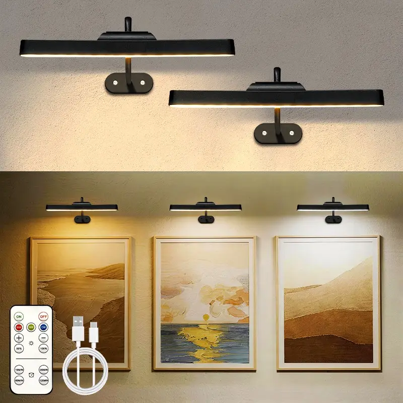 Rechargeable Battery Picture Light, Home Decor Lighting, 29.5cm Picture Lights for Wall, 3 Color Modes, Adjustable Light Modes and Dimmable Gallery Light for Library, Dartboard, Bedroom, Bathroom with Timer (Black, 1 Pack)
