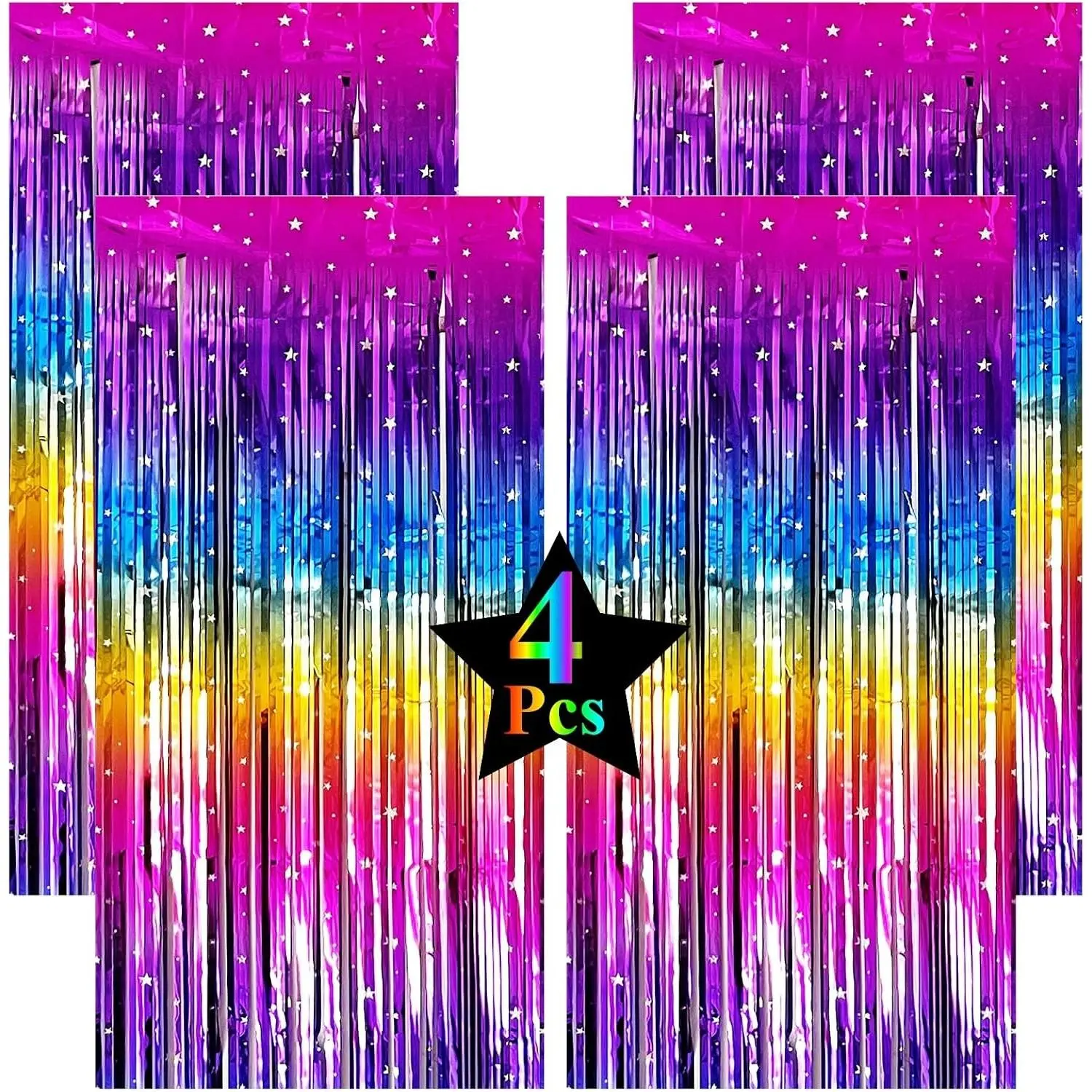 4 Pack Sparkly Neon Rainbow Foil Fringe Curtain Backdrop, Party Decorations