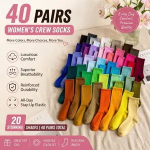 40 Pairs Women's Crew Socks Lightweight Athletic Socks, Soft Stretchy Breathable Mid Calf Socks, Fashion Casual Socks for School, Travel & Daily Outfit