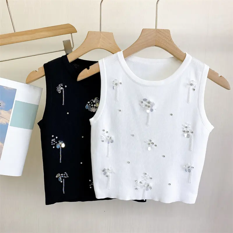 MIAO Women's  Y2K Viscose Sequin Beading Vest  Black&White  Color Cozy Fashion Knitwear Sleeveless  Crop Top Sweet Sequin & Beaded Hand-Embroidered Knit