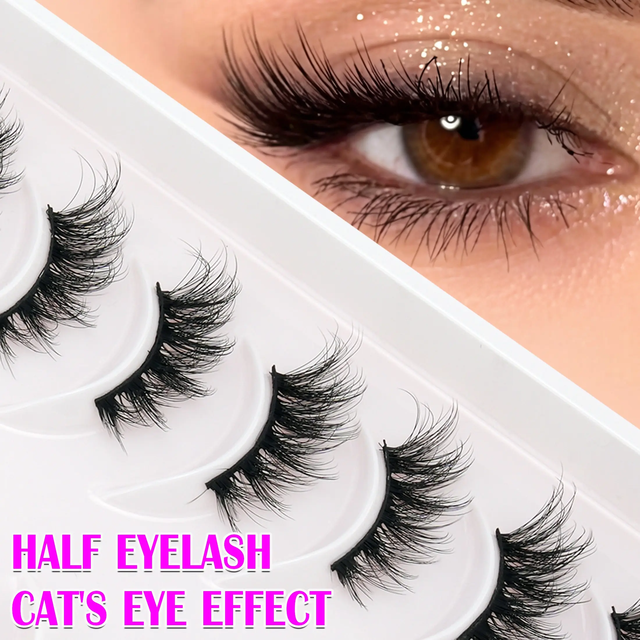 10 Pairs Natural D Curl Half Lash False Eyelashes, Stems, Cat Eye Style, Lifts Eyes, Natural Look, Elegant False Eyelashes