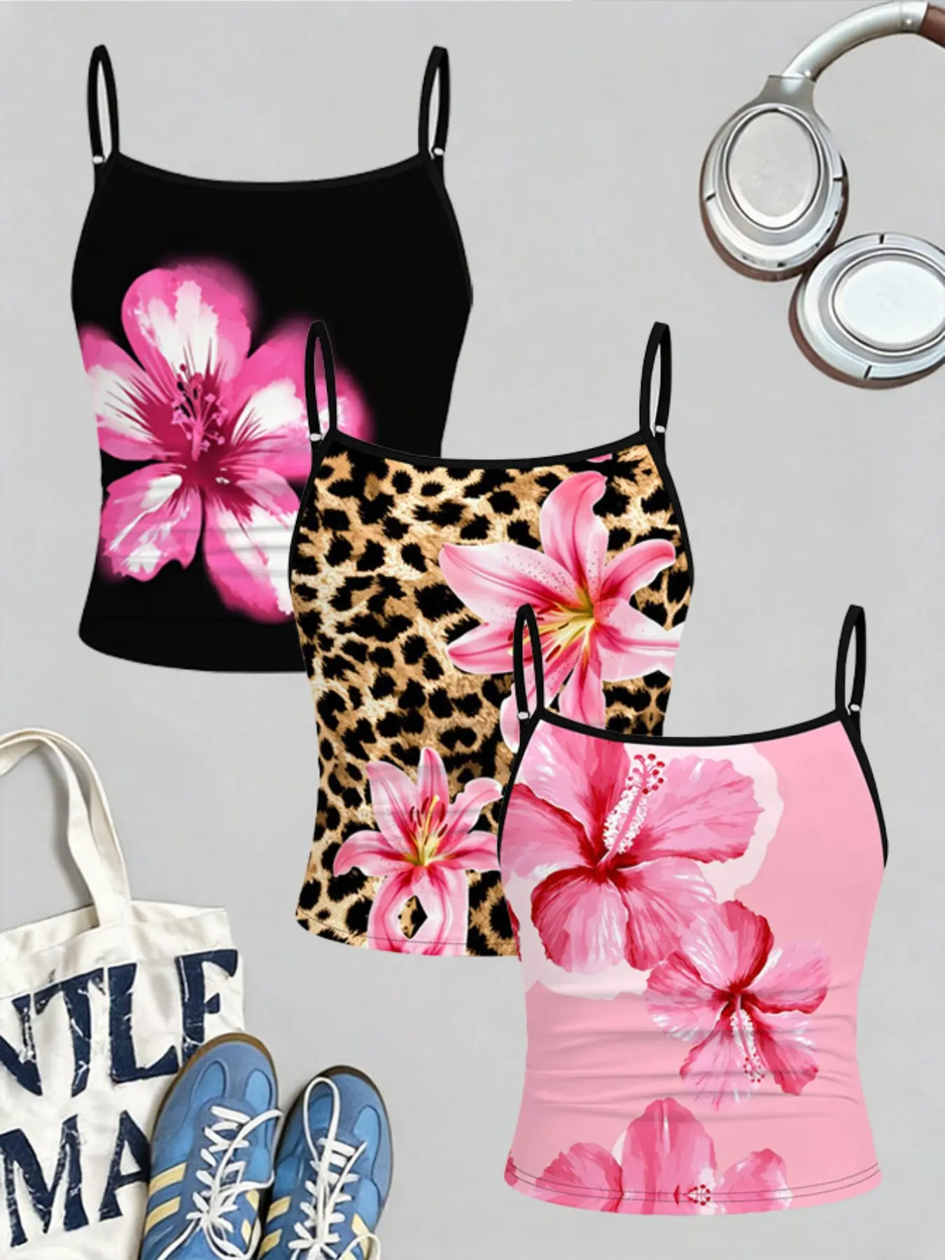 3-Piece Girls' Summer Floral Tank Set, & Hibiscus, Leopard Lily Print, Fitted Short Vest, Casual Beach Wear Summer Clothing Set, Summer Clothes Set, Clothes Kids