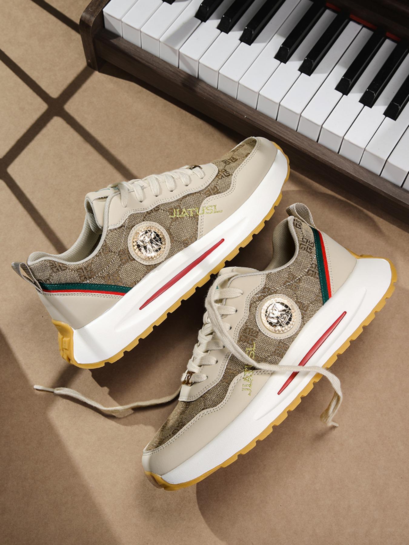 Men's Khaki Luxury-Inspired Chunky Sneakers, Gold Emblem Accents, Retro Monogram Design, Thick Cushioned Sole, Streetwear Casual Shoes for American Trendsetters