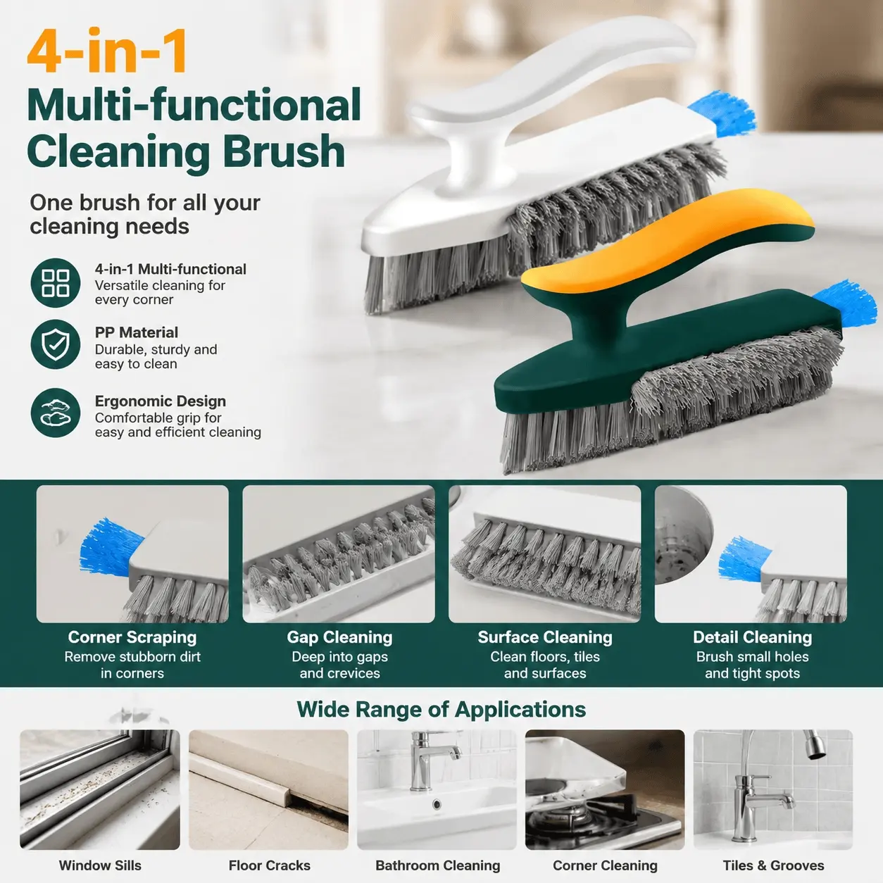 2-in-1 Bathroom Cleaning Brush Set: Multi-Surface Tile Grout Scraper, Floor Squeegee, and Glass Cleaner for Shower, Kitchen, and Hard Floor