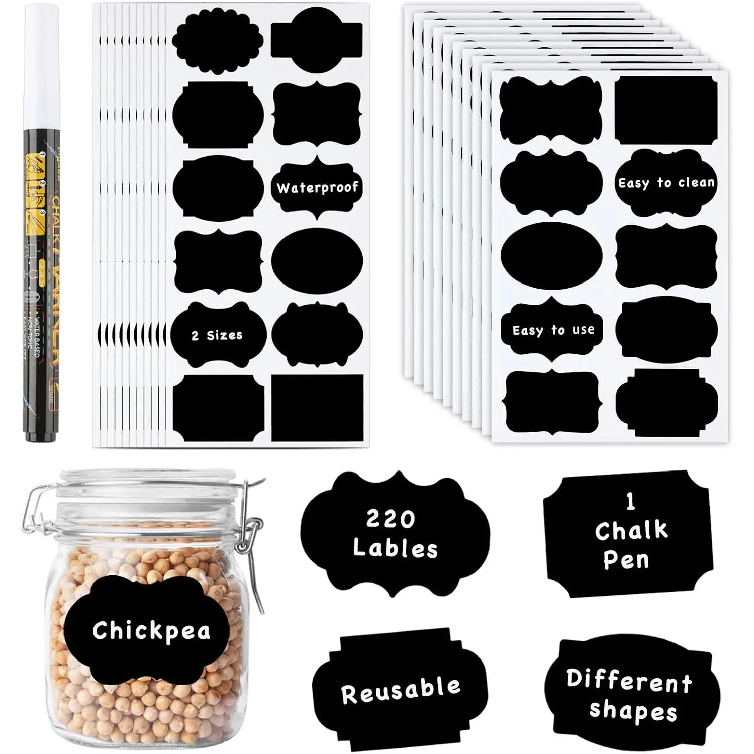 220 count  Chalkboard Labels,2 Sizes with 1 White Chalk Marker,  Label for Pantry, Jars, Storage Bin,  Container, Jars, Containers