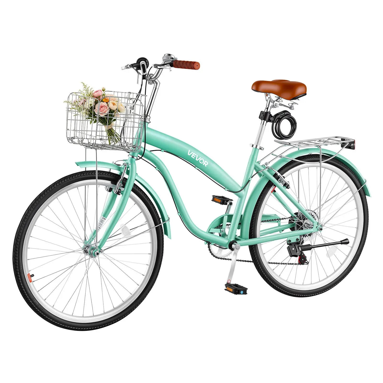VEVOR Women Bike, 26 in Beach Cruiser Bike, 7-Speed Adult City Bicycle with Carbon Steel Frame, 330 lbs Capacity, Basket, Rear Rack Dual V-Brakes, Mint Green