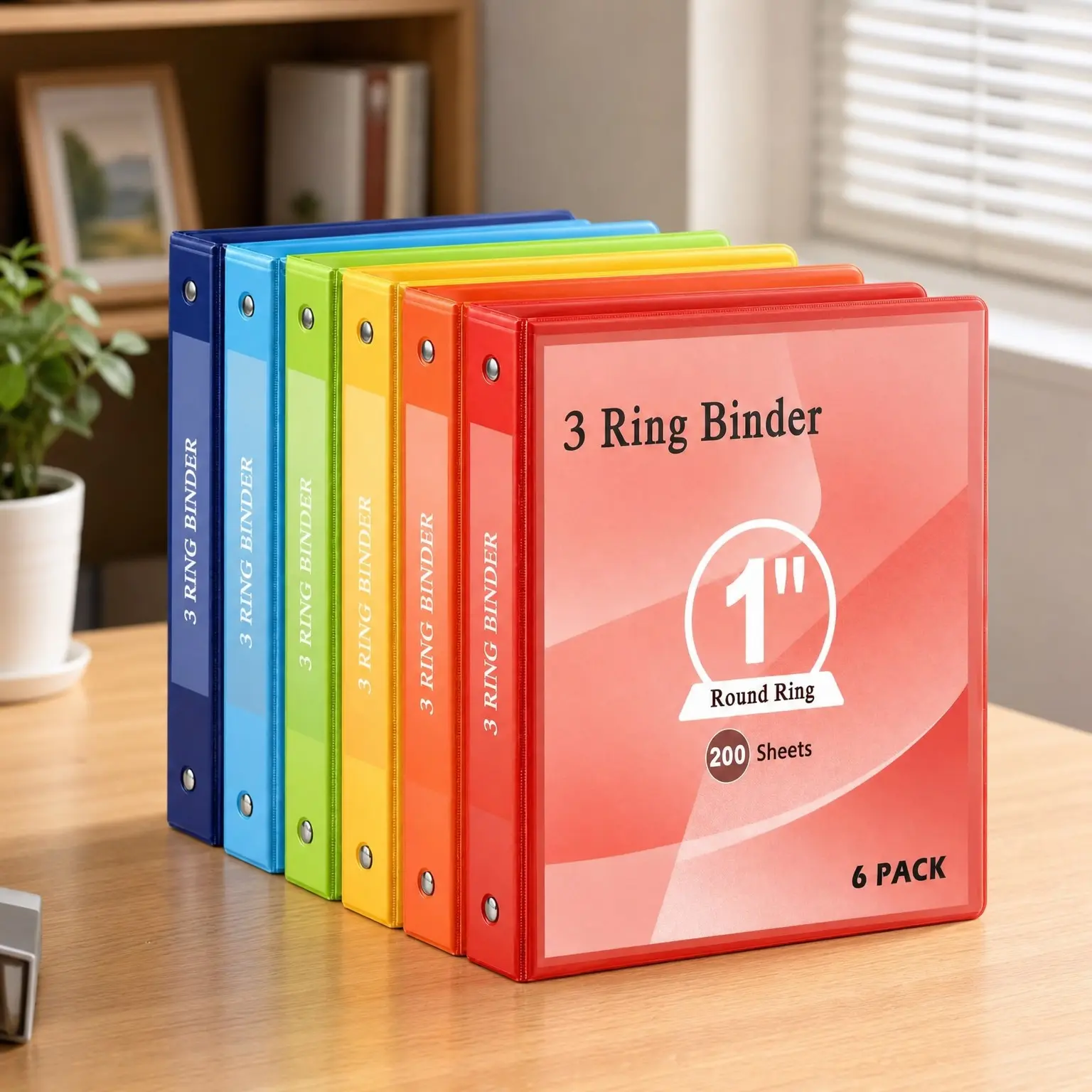 1 Inch 3 Ring Binder with 2 Inside Pockets, Clear View Binder for US Letter Size 8.5" x 11" Paper, Round Ring Binder for Office, Home, School Supplies, 6 Pack (6 Assorted Colors)