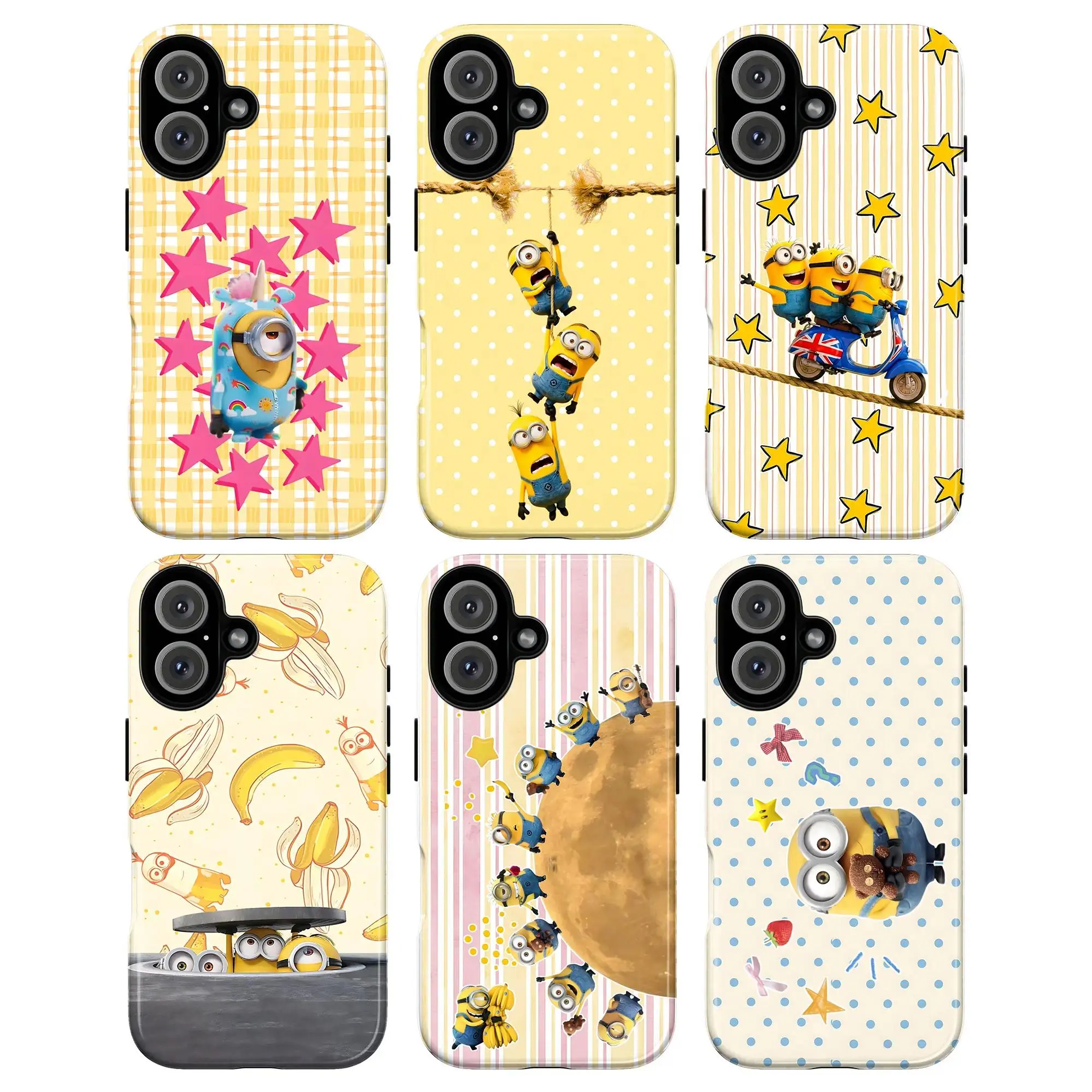 Minion Fun Phone Case, Playful Cute Minions Hanging Climbing and Peeking under Stars in Pastel and Dark Tones, Baby Girl Aesthetic Gift Fashion Vibes Trending Now For iPhone 17 16 15 14 13 12 Pro Max Plus X, Samsung S25 S24 S23 S22 S21 Ultra