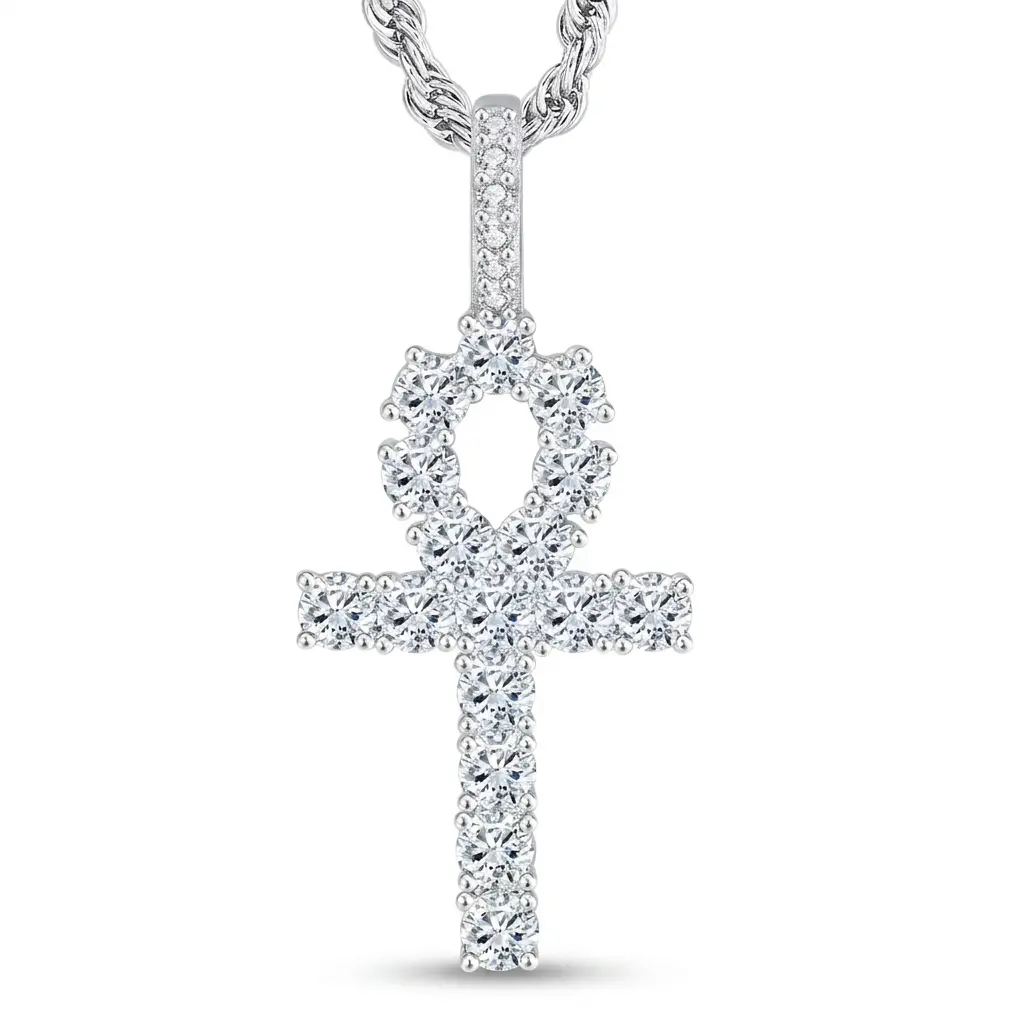 Iced Out Cubic Zirconia Ankh Cross Pendant   Statement fashion neckalce   925 Sterling Silver Rope Chain party gift daily wear miami cuban