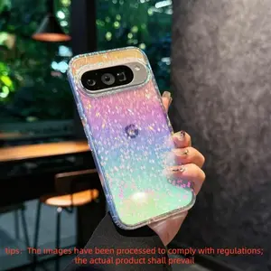 Rainbow Gradient Phone Case Cover, Protective Cellphone Accessories for Google Pixel 10 Pro XL/9 Pro XL, Anti-Drop Wireless Charging Support Transparent Glitter Fingerprint & Scratch Resistant Raised Lens Protection Strap