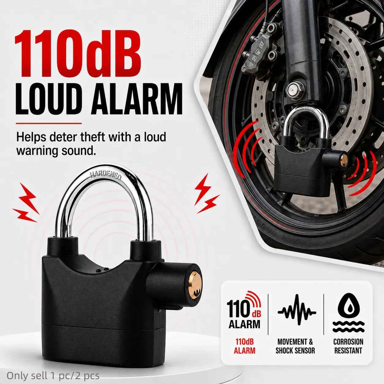 110dB Alarm Hanging Padlock, Outdoor Security Lock with Loud Bicycle Alarm and 3 Keys, Heavy Duty Anti-Theft Padlock for Garages, Fences, Gates, Sheds, Storage Units, Bikes and Motorcycles