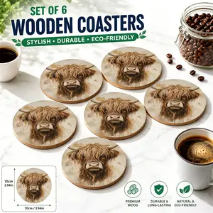 6PCS Highland Cow Wooden Coasters | Viral Farmhouse Decor | Watercolor Cattle Art | Coffee & Beer Mat | Eco-Friendly Durable | Perfect Gift 🐮