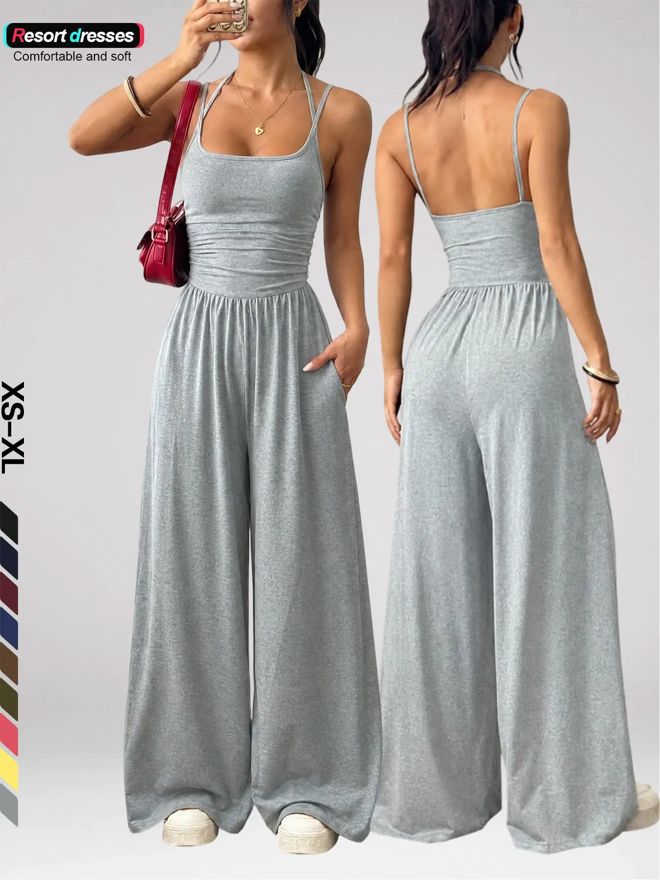 Vacation-Style Wide-Leg Jumpsuit, U-Shaped Square Neckline, Double-Strap Halter Design, Cinched Waist, Flowy Trousers, Beach