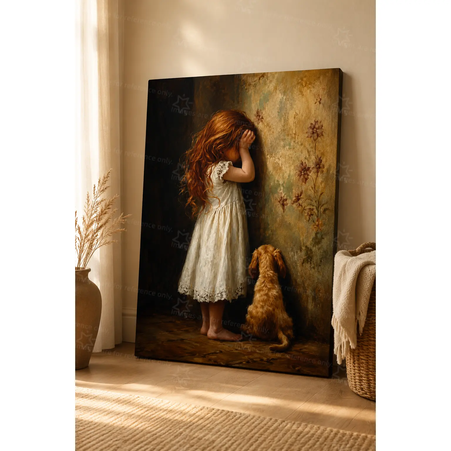 Vintage Red-Haired Girl and Puppy Poster, Emotional Storybook Wall Decor for Bedroom, Living Room, Nursery and Reading Corner