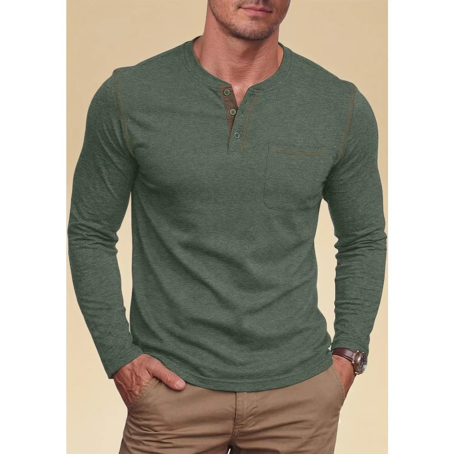 Men Slim Fit Long Sleeve Cotton Henley Shirt, Casual T-Shirt with Chest Pocket for Daily Dating Party