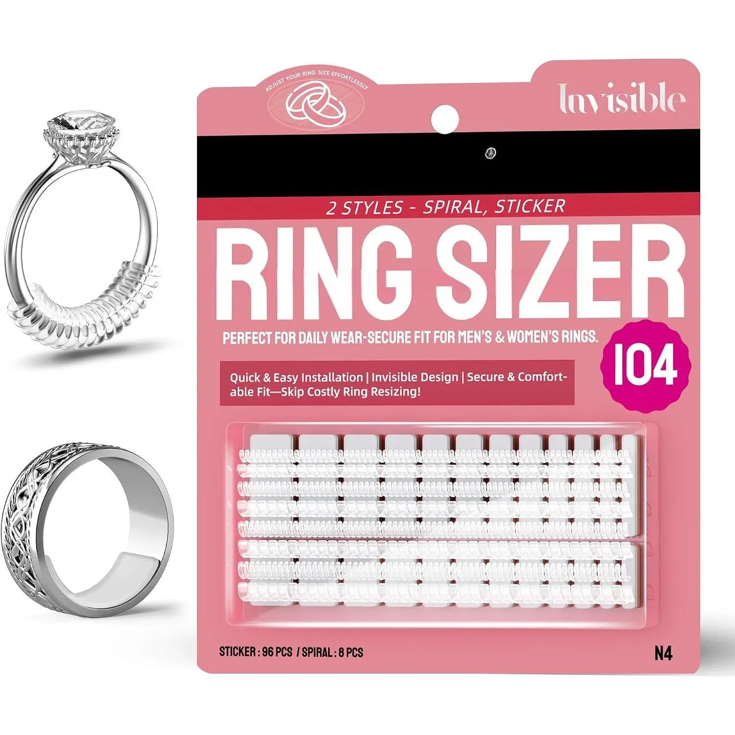 Ring Size Adjuster for Loose Rings, 104- Invisible Ring Guard Kit with 2 Styles (Spiral Coils & Sizing Strips) for Women & Men,  Resizer Fits 1-10mm Width