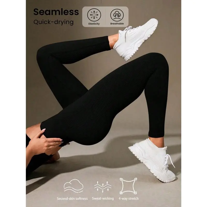Sport High Waisted Ribbed Seamless Slim Leggings For Women - Cloud Soft Second-Skin Softness Quick-Drying Breathable 4-Way Stretch Legging For Running Cycling Yoga Pickleball Exercize Casual,Black